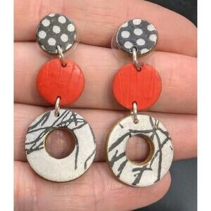 Red Polka Dot Upcycld Plastic Dreams Circle Dangle/Drop Earrings Vintage